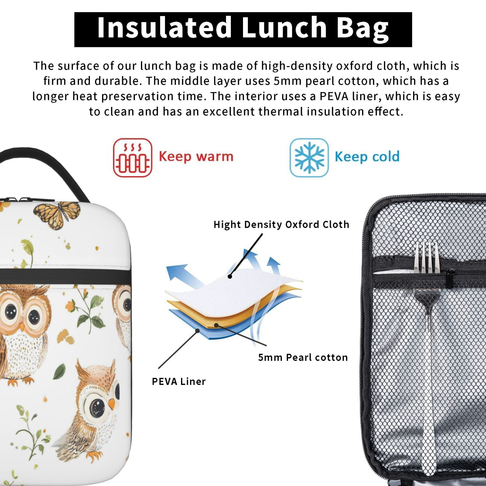 Lunch Bag For Women Men Insulated Portable Lunch Box Bento Box Office Picnic Travel Cooler Bag Owl Butterfly And Flowers