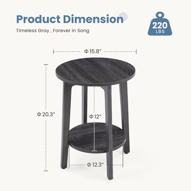 Gianna 2-Tier Round Side Table with Tapered Legs, Small End Table for Living Room & Bedroom,Gray