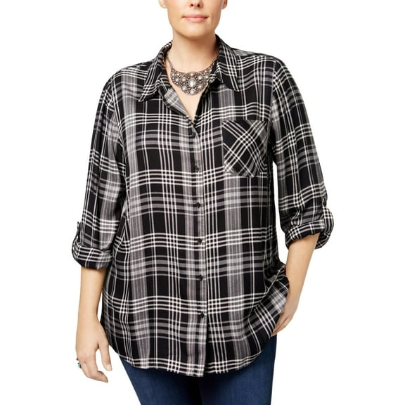 Style & Co. Womens Plus Plaid Button-Down Casual Top