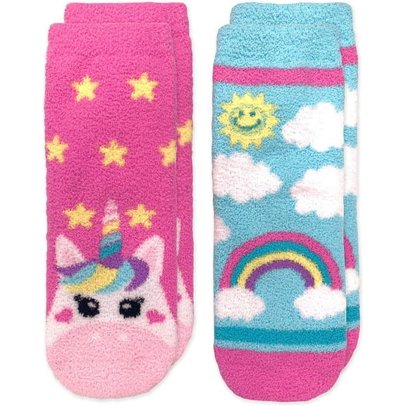 Jefferies Socks Girls Socks, 2 Pack Unicorn Rainbow Fuzzy Slipper Socks with Grippers (Little Girls & Big Girls)