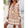 thumbnail image 6 of Deliqiba Women Casual Spring Summer Dresses V Neck 3/4 Long Sleeve Floral Flowy Boho Babydoll Mini Short Beach Dress  L, 6 of 7