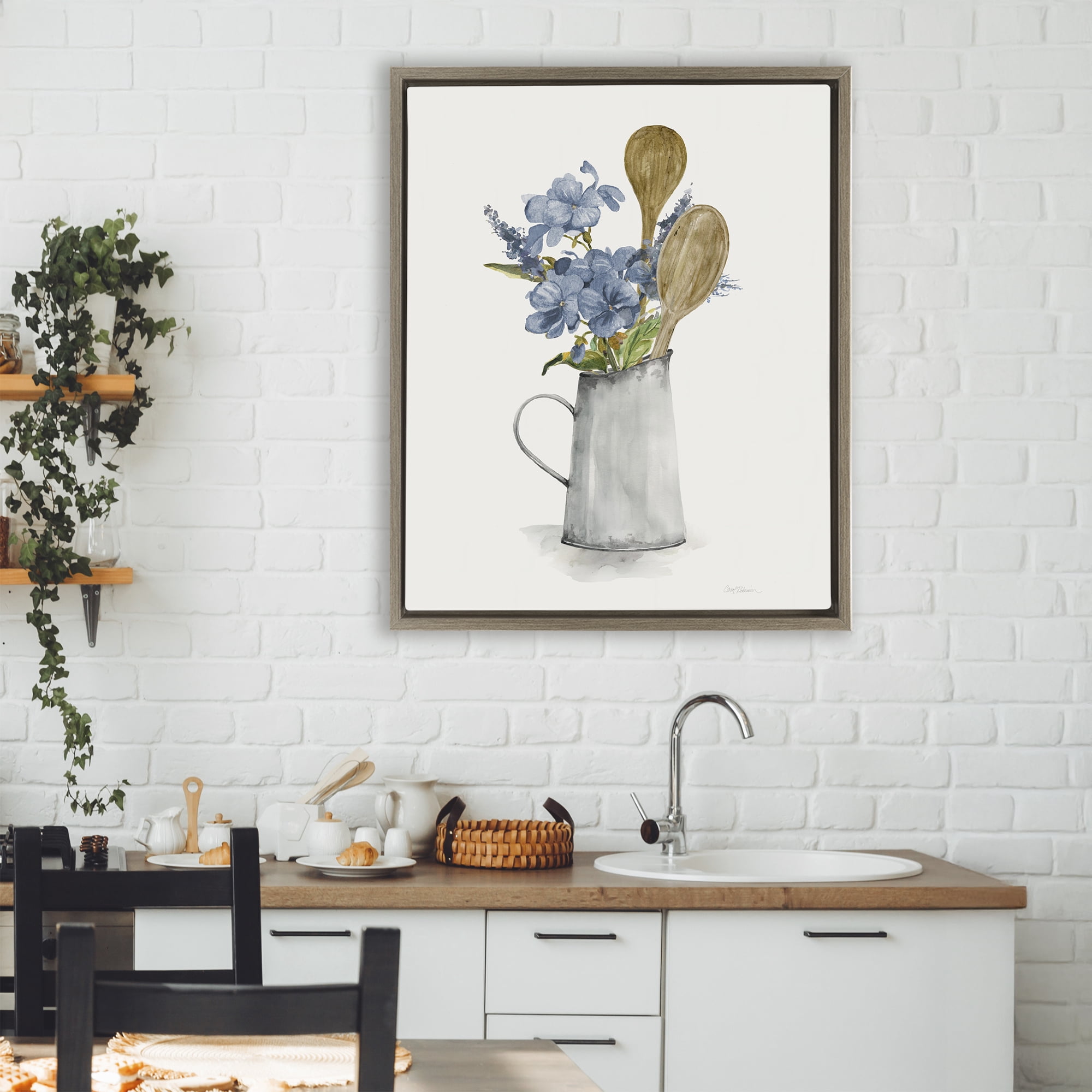 Stupell Industries Kitchen Spoons & Blue Blooms Brown Framed Floater Canvas Wall Art, design by Carol Robinson