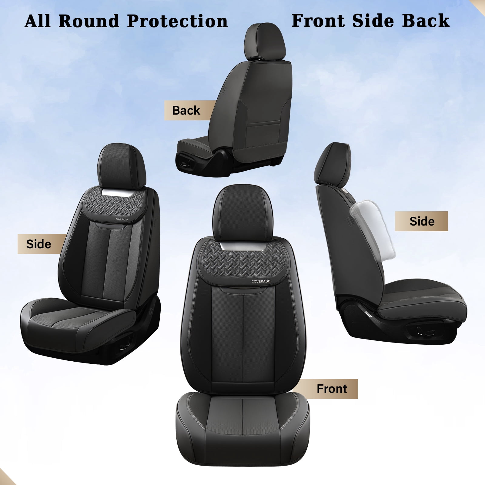 Coverado Front Car Seat Covers, Luxury Leather Car Seat Protectors, Automotive Interior Cushions Universal Fit Most Cars, Black