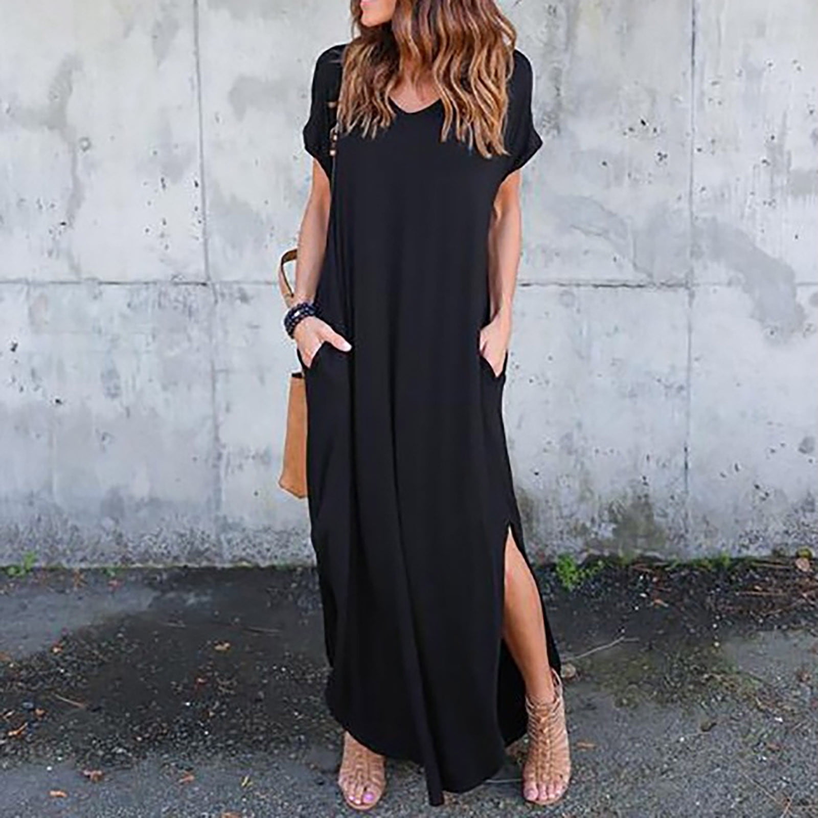 Dasayo Black Dresses for Women 2022 Elegant Casual Short Sleeve O-Neck Color Straight Floor-Length Dress - Walmart.com