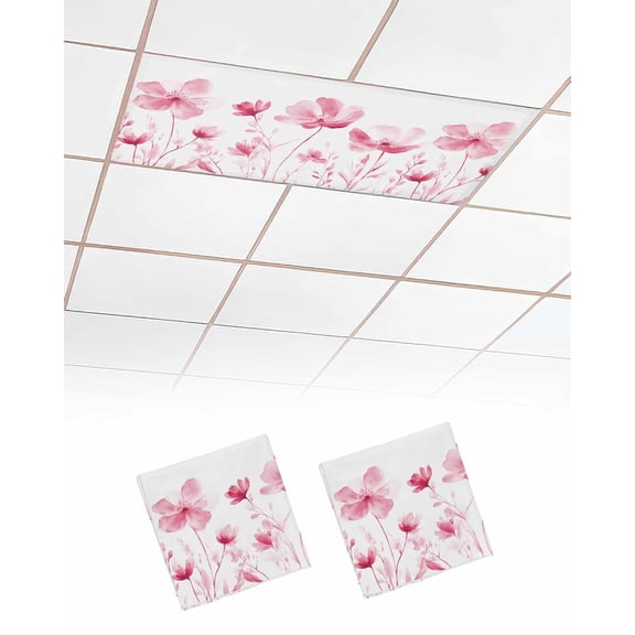 Pink Flowers Fluorescent Light Covers for Ceiling Lights 4x2 feet,2 Pack Magnetic Light Filters for Classroom,Vintage White Floral Plant Herb Botanical Fluorescent Light Shade Panel for Office