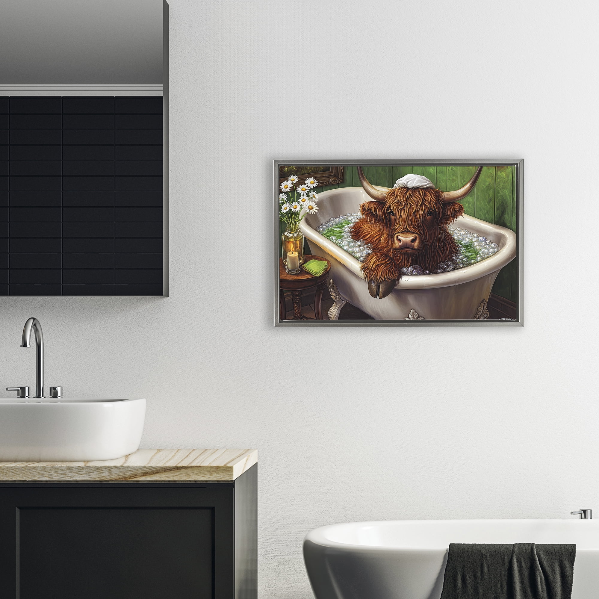 Highland in Candle Lit Bubble Bath Gray Framed Floater Canvas Wall Art, design by Momart