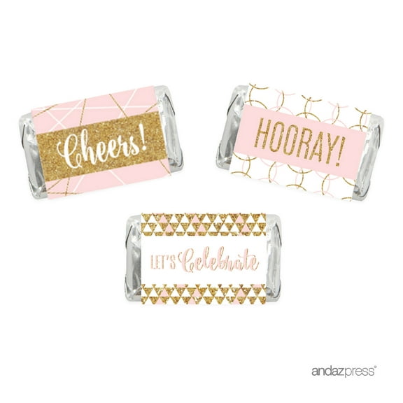 Signature Blush Pink, White, Gold Glittering, Miniatures Chocolates Labels, Cheers! Hooray! Let's Celebrate, 36-Pack