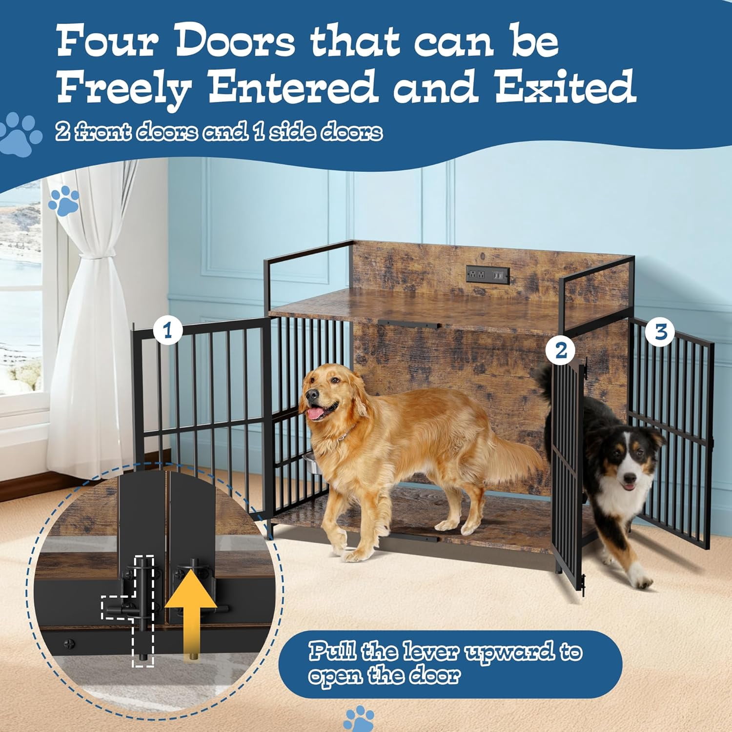 Magic Union 41" Large Dog Crate Furniture, Indoor Dog Kennel with USB Charging Station, Wooden Dogs Crate with 360° Rotating Feeder Bowls and 3 Doors, Medium Dogs Cage for Small/Medium Dogs