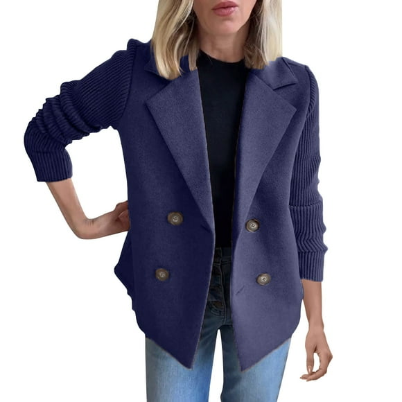 Blazers for Women Business Casual Women's Lapel Knitted Patchwork Sleeve Casual Coat Cropped Double Breasted Suit Sweater for Women - Hontri