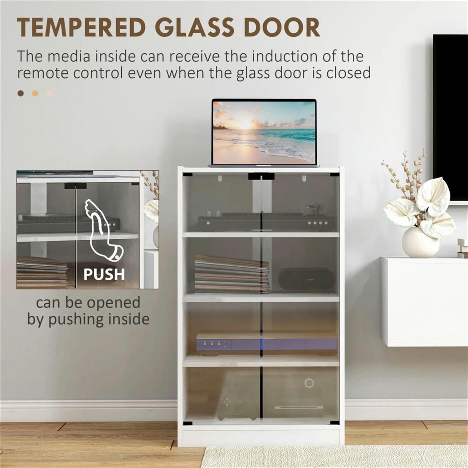 Demi Bonn 5-Tier Media Stand, DVD Storage Cabinet with Adjustable Shelves, Tempered Glass Doors, and Cable Management, White