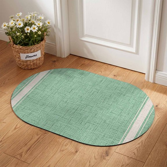 Green Diatomaceous Earth Bath Mat, Beige Boeder Rustic Green Linen Texture Background Oval Non-Slip Quick Dry Door Mat Super Absorbent Bath Rug for Bathroom Kitchen Laundry 18x30in
