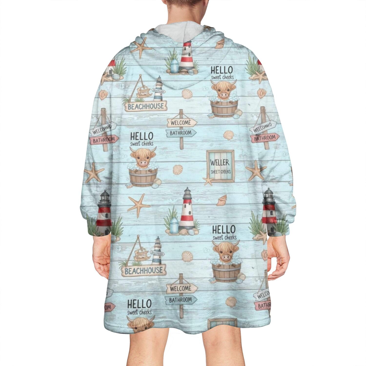 Blue Highland Cow Lighthouse Beach Pattern Wearable Oversized Blanket,Wearable Blanket Hoodie for Adults,Cozy Hooded Blankets with Super Pockets,Super Warm Fuzzy Pullover for Women & Men