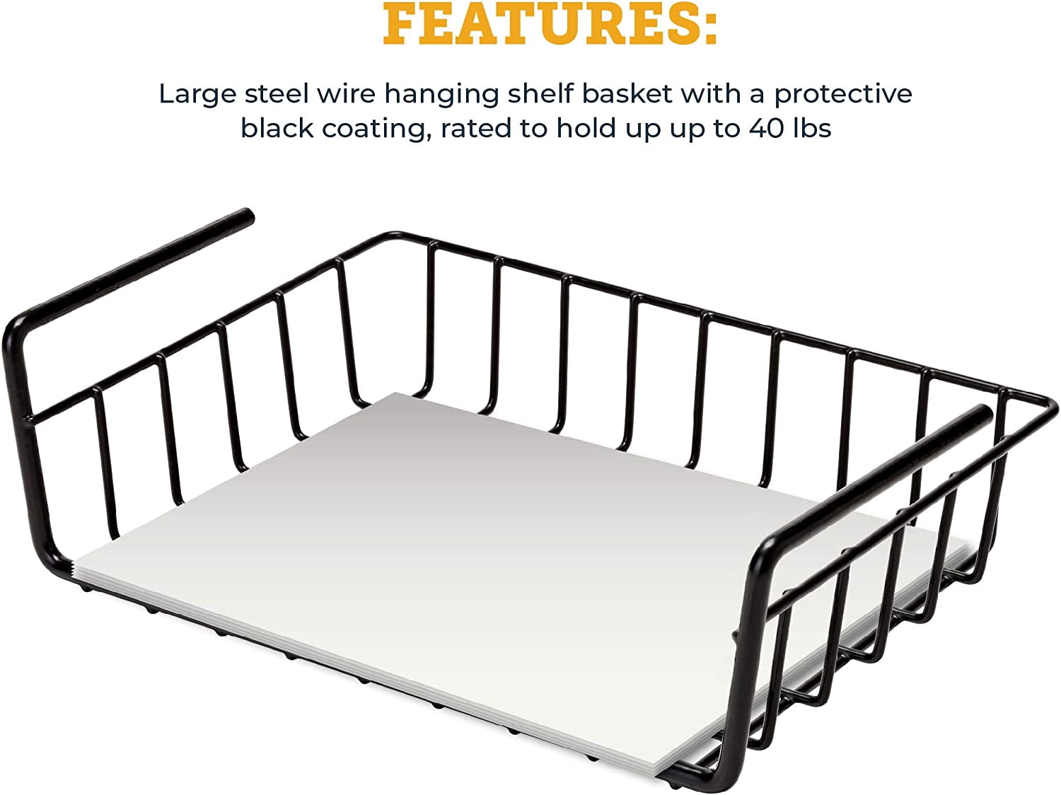 Hanging Shelf Document Basket, Coated Wire Organizer for Gun Safes & Cabinets, Holds Up to 40 Lbs, Black