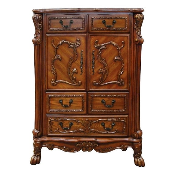 Benjara Wooden Chest With 5 Drawers and 2 Door Cabinets- Cherry Oak Brown