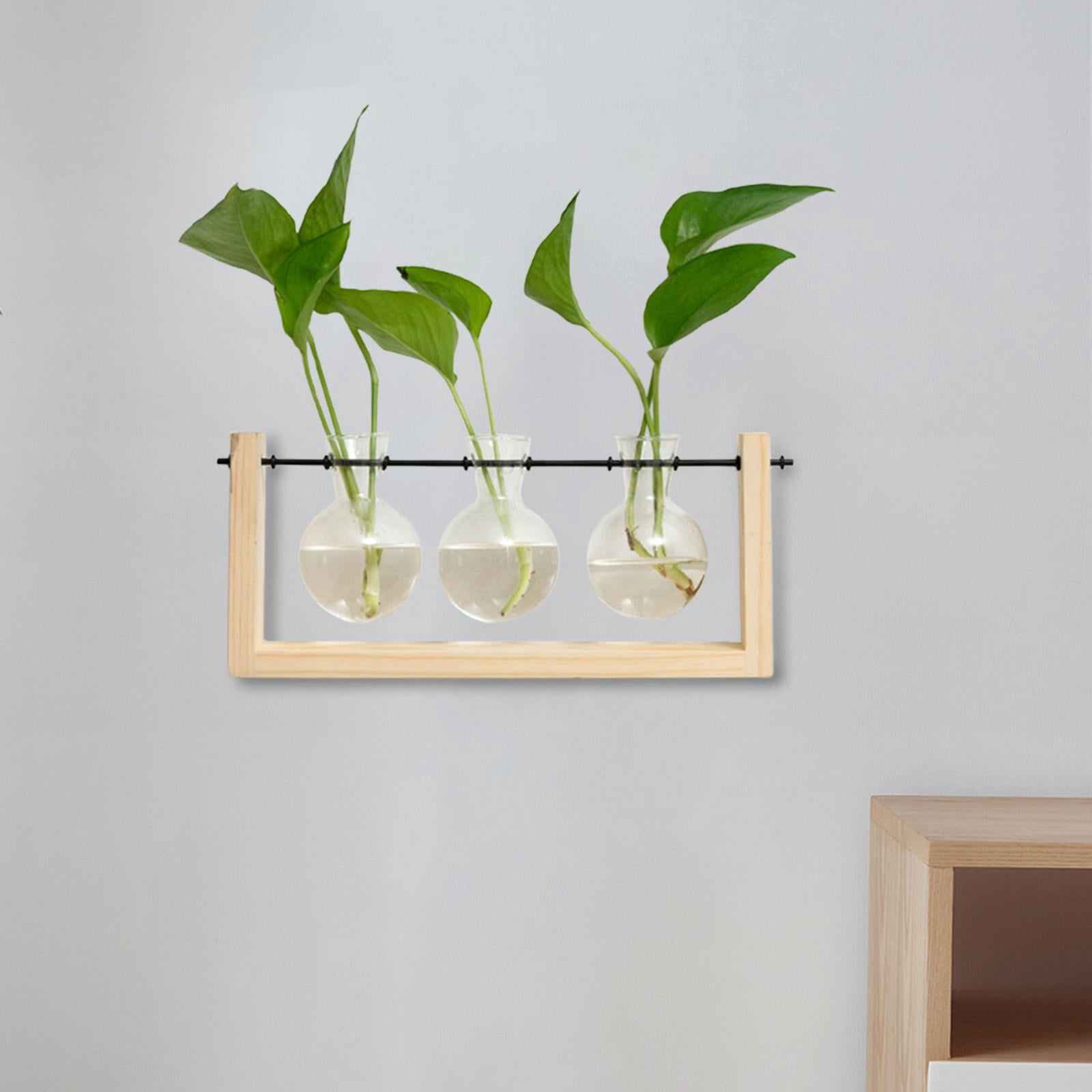 WLPZXP Glass Hanging Planter Hydroponic Vase Wall Mounted Plant Propagation with Wooden 28cmx12.5cm