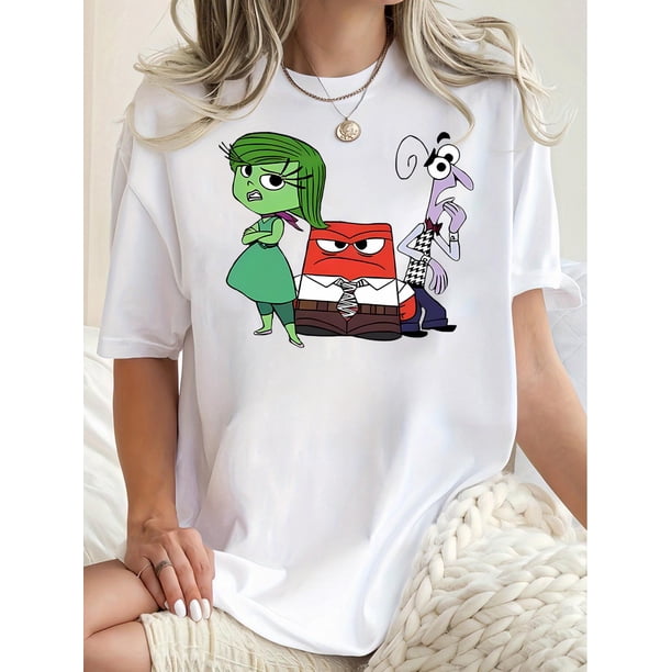 Camiseta informal con estampado de personajes de dibujos animados para mujer, de algodón, cuello redondo y manga corta, tejido de punto de elasticidad media, cómoda y moderna para cualquier temporada.