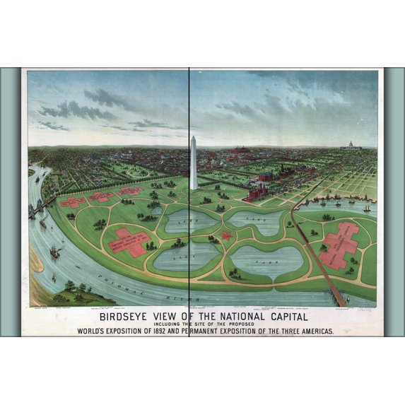 24"x36" Gallery Poster, Birdseye view map of Washington D.C. site of the proposed World's Exposition of 1892