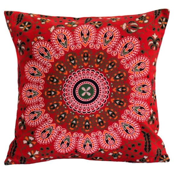 Stylo Culture Ethnic Sofa Throw Pillow Cover 16 x 16 Peacock Eye Printed Dark Red Green Traditional 40 x 40 cm Home Decor Cotton Mandala Square Cushion Cover | 1 Pc