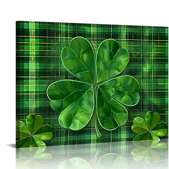 Acheng St. Patrick's Day Canvas Wall Art Framed Wall Decoration Shamrock Happy St. Patrick Wall Green Plaid Farmhouse Aesthetic Wall Artwork Ready to Hang Wall Pictures for Living Room  pattern1