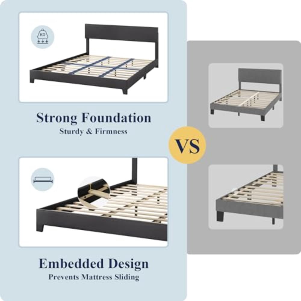 King Size Bed Frame with Adjustable Headboard, Faux Leather Platform Bed with Wood Slats, Heavy Duty Mattr Foundation, No Box Spring Needed, Noise-Free, Ey sembly, Bla