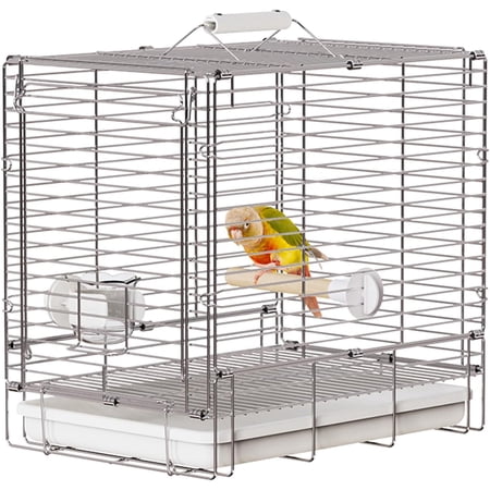 Bird Carrier Travel Cage - 304 Stainless Steel Portable Folding Bird Travel Cage with Parrot Feeder Cups & Standing Perch for Smaller Birds Conures Lovebird Cockatiel Parakeets (White)
