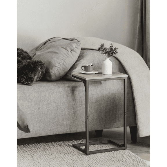 LEDREM C-Shaped End Table, 2pcs Sofa Side Tables, Space-Saving Design, Greige and Black