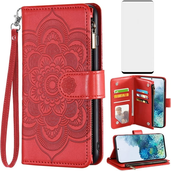 Compatible with Samsung Galaxy S20 Plus Glaxay S20  5G Wallet Case and Tempered Glass Screen Protector Flip Card Holder Cell Phone Cover for Gaxaly S20 5G S20plus 20S   S 20 20  G5 Women Red