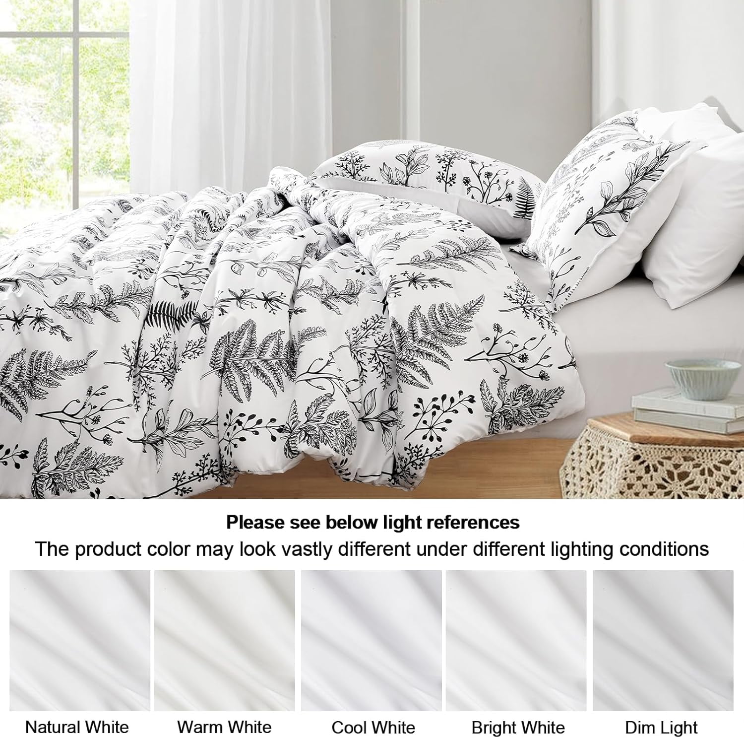 PHF 5 Pieces Printed Twin Comforter Set, Lightweight Reversible Botanical Bedding Set Include Comforter, Pillow Sham, Flat Sheet, Fitted Sheet and Pillowcase, White
