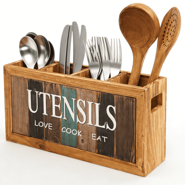 Soporte de Utensilios de Madera Resistente Organizador de Utensilios de Cocina con 4 Compartimentos y Fondo de Drenaje Organizador de Cubiertos Soporte de Vaso Organizador de Cubiertos para Utensilio