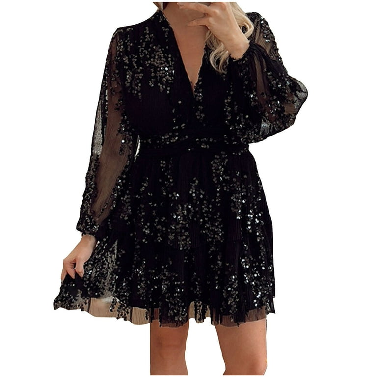 BLTIBY Womens Sequin Prom Dresses Deep V Neck Glitter Long Sleeve Waist  Evening Party Gowns Fashion Elegant Short Dress Black L - Walmart.com