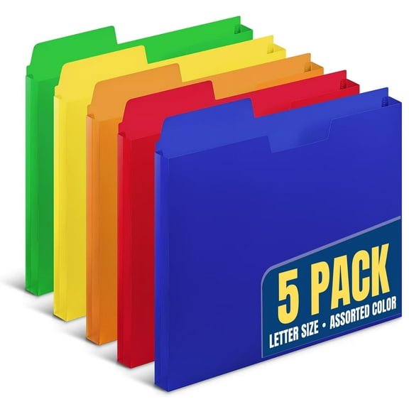 1InTheOffice File Jackets Letter Size, File Pocket Folders, Plastic File Jackets, 1/3 Cut Tab, 8.5" X 11", Reinforced, Assorted Colors, 5 Pack