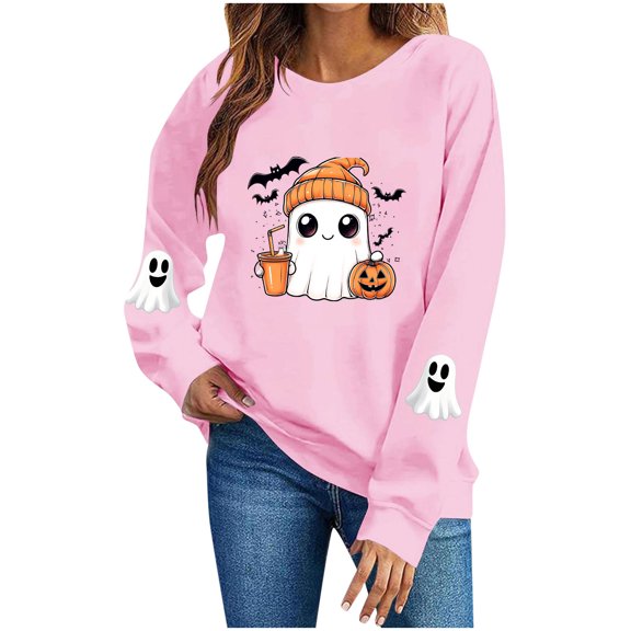 Women's Halloween Sweatshirt Cute Ghost Print Long Sleeve Crew Neck Relaxed Fit Casual Pullover Fall Holiday Party Tops 2026