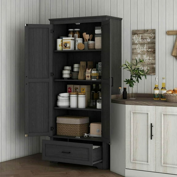 Spaco 69" Tall Farmhouse Kitchen Pantry Cabinet with 2 Doors and Drawer, Pantry Cabinet with Adjustable Shelves for Indoor as Living Room, Kitchen, Black