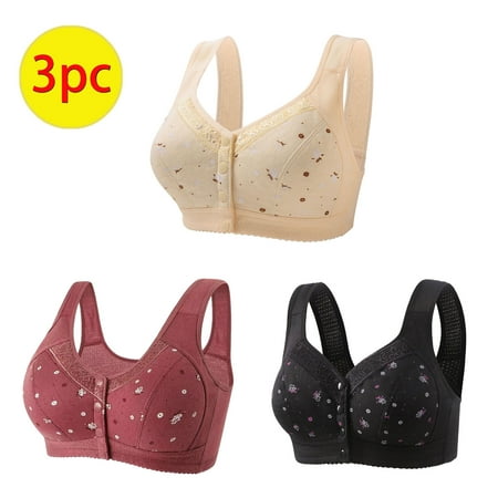 WCMZJ 3 Pack Daisy Bras for Women No Underwire Front Closure Comfort Senior Wireless Snap Closing Bra Plus Size Push up Bracieres Breathable Bra