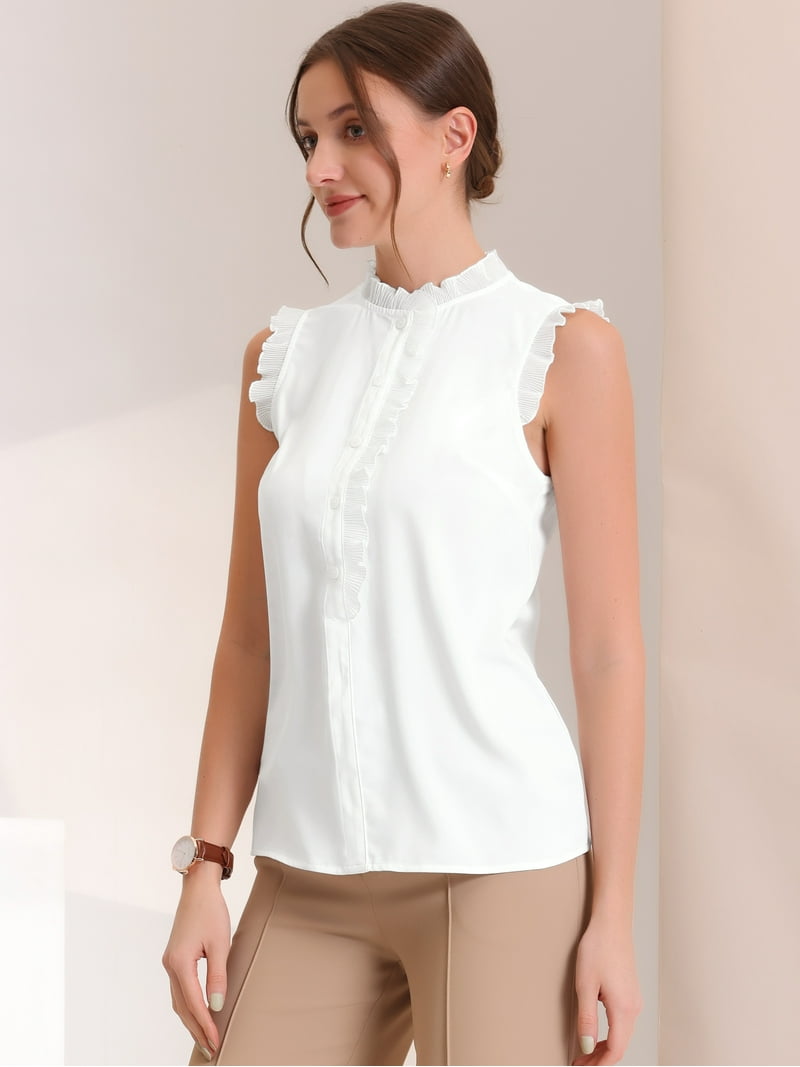◇typeservice◇ Ruffled Button TShirt Off White Unique Bargains Women's Sleeveless Button Up Solid Color