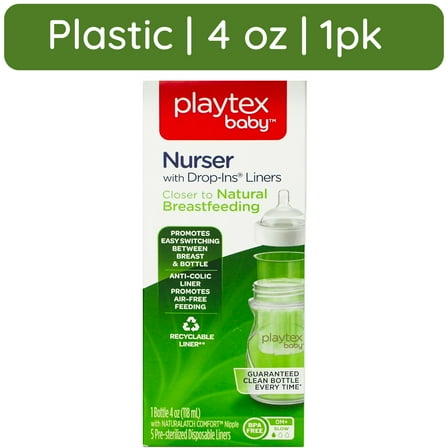 Playtex Baby Nurser Clear Anti-Colic Baby Bottle 1 Pack Each, 4 oz with 5 Drop-ins Liners