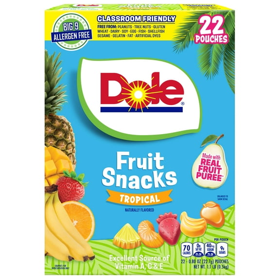 Dole Fruit Snacks, Tropical Flavored, Big 9 Allergen Free, Dye Free, Gluten Free, Gelatin Free, Lunch Snacks 22 Count