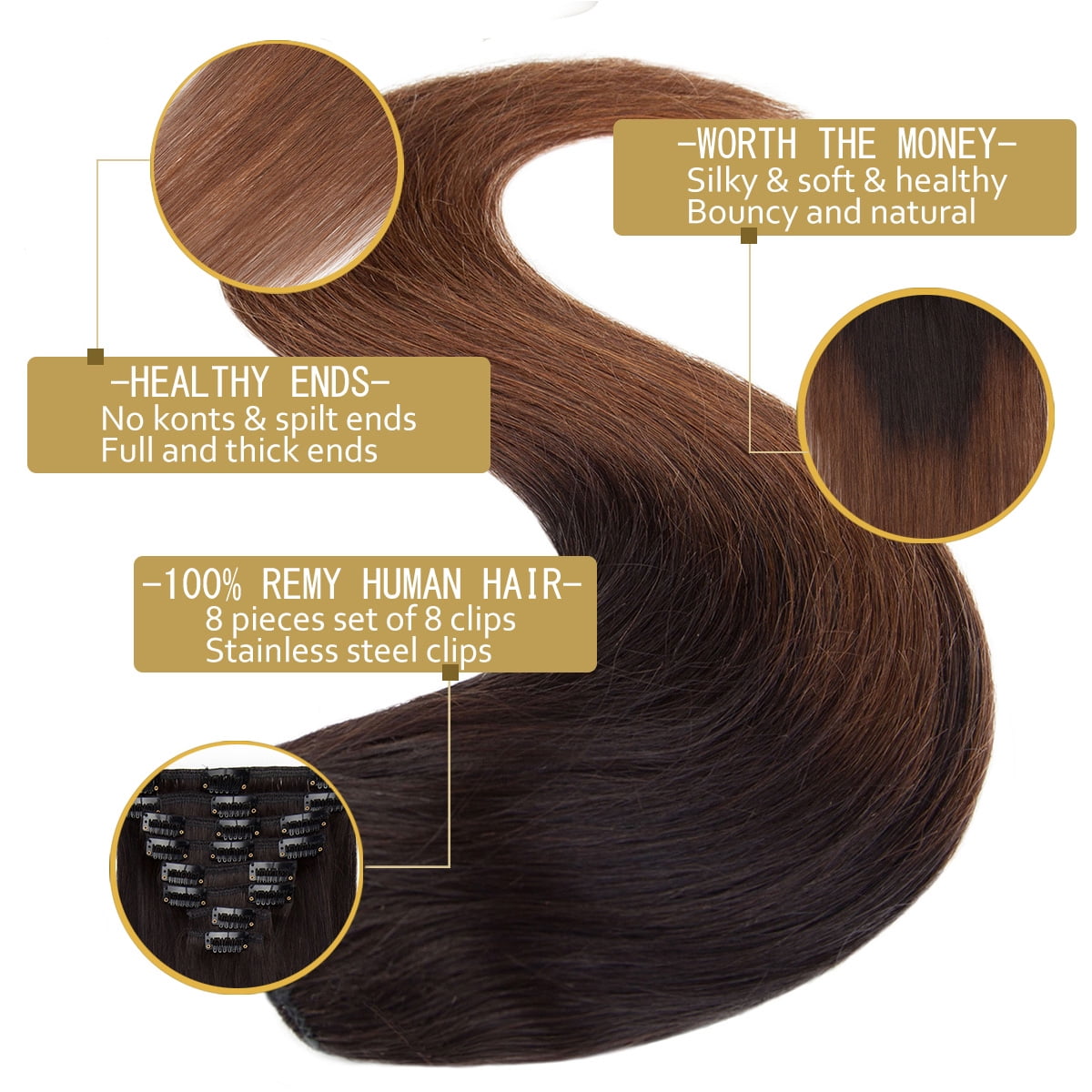 SEGO Clip in Hair Extensions 100% Real Remy Human Hair Full Head Straight Balayage Hair 8-24 inch