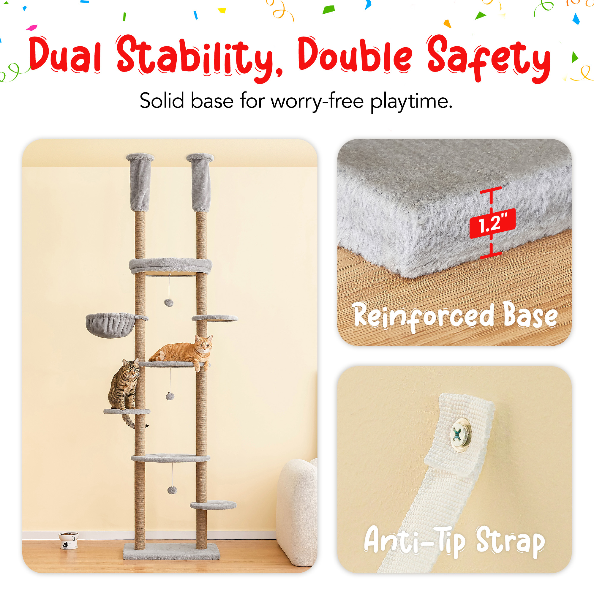 Furcato 92.1"-101.6" Adjustable Height Cat Tree, Floor to Ceiling Cat Tower, 7 Tiers Cat Climbing Tree with Hammock, Fully Sisal Scratching Posts for Indoor Cats, Light Grey