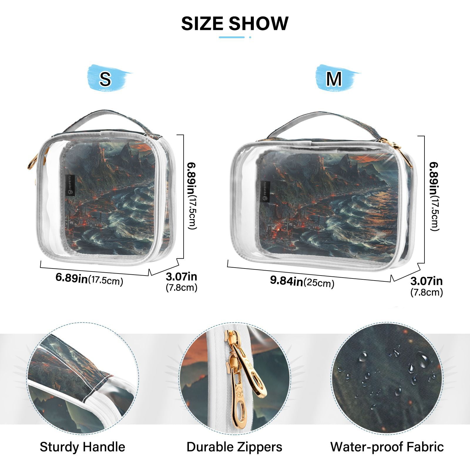 Clear Makeup Bags with Handle Large Opening 2 Pack Set Toiletry Bag Quart Size Bag, for Women Man Traveling Travel Essentials, Toiletries and Other. Waves Horror Mountain Original Design