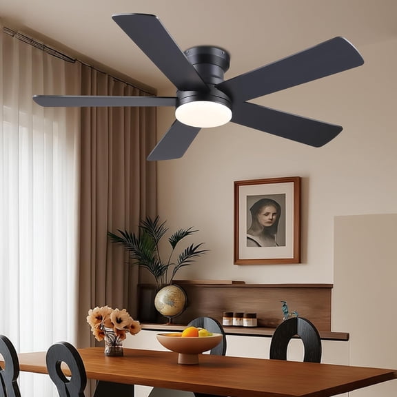 48 Inch Black Flush Mount Ceiling Fan with Light - 6 Speeds 3CCT Dimmable LED Reversible Motor Low  for Bedroom Kitchen