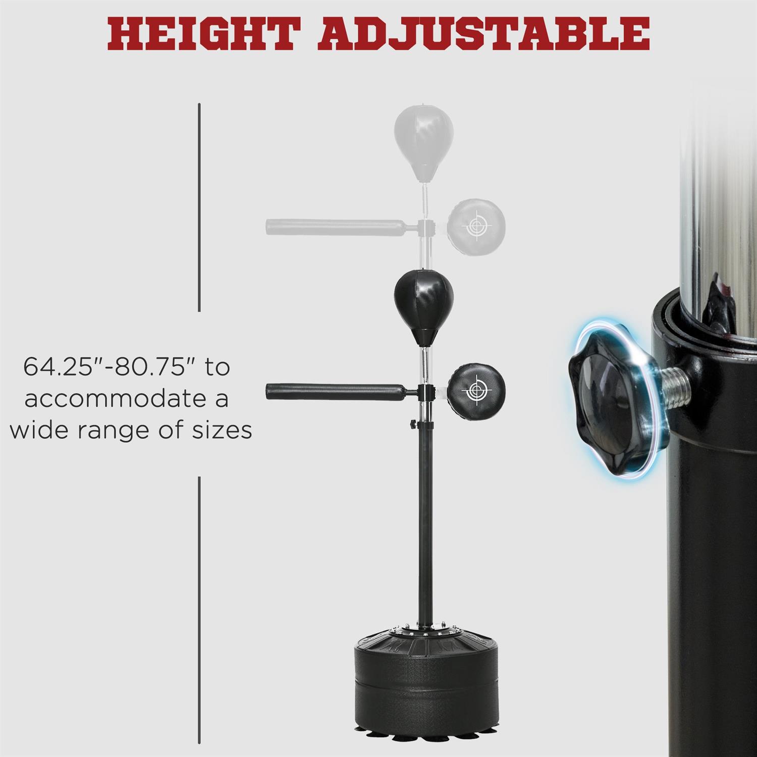 Demi Bonn Free Standing Boxing Bag with Stable Stand Suction Cups Punching Speed Bag Reaction Bar 64-81in Adjustable Height for Teenagers Adults Black