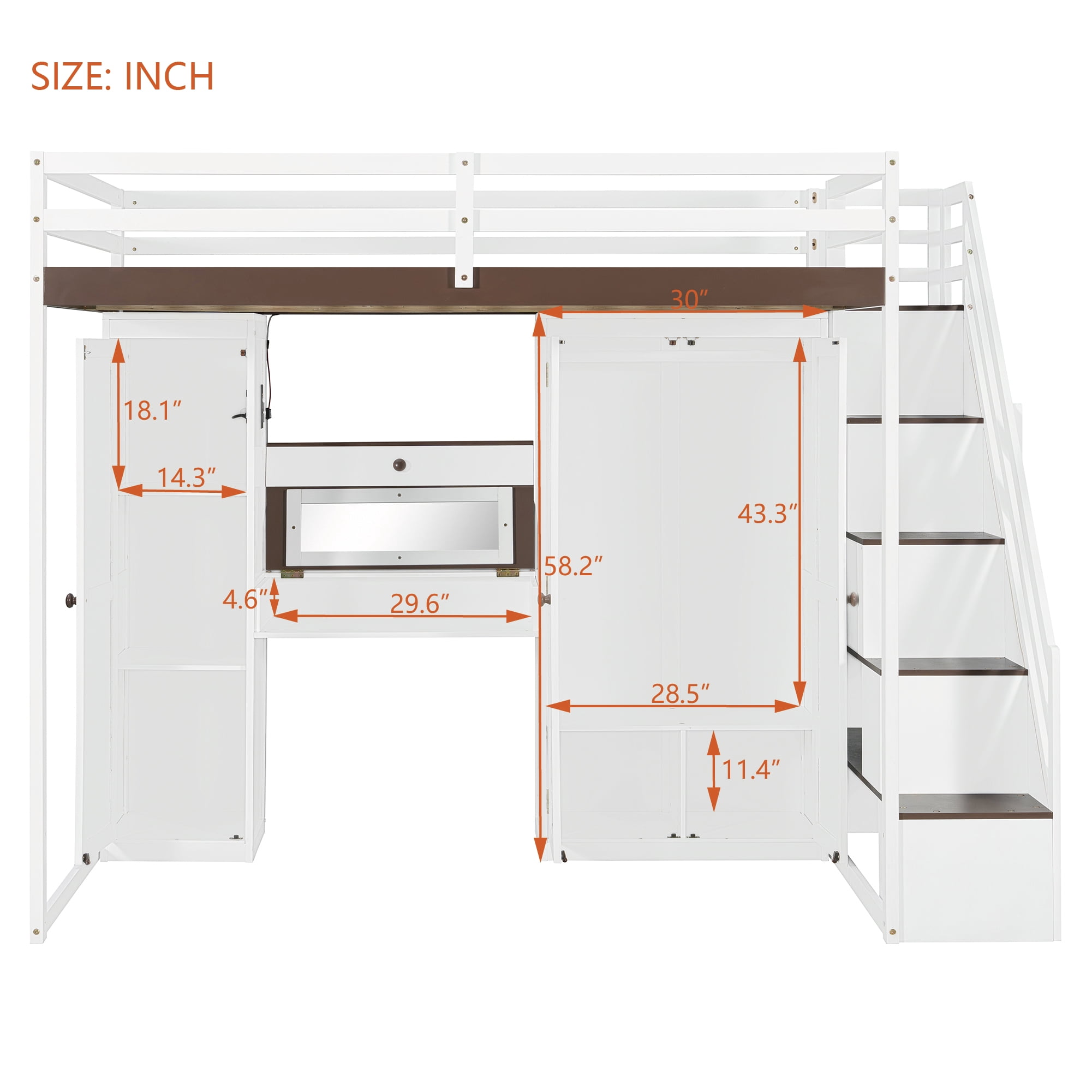 Mintazer Full Size Princess Loft Bed Built-in Dressing Table with Vanity Mirror, Wardrobe, Storage Staircase, Drawer, LED Lights & Charging Station for Girls, White & Brown