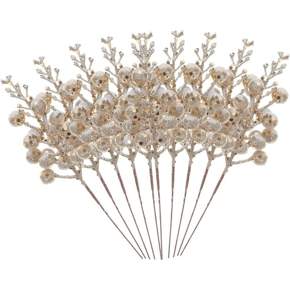 10 Pcs Christmas Glitter Spray Berry Stems, Artificial Christmas Tree Picks Berry Stem Foam Christmas Tree Ornaments for Home Party Table Gift Indoor Decor (Gold)