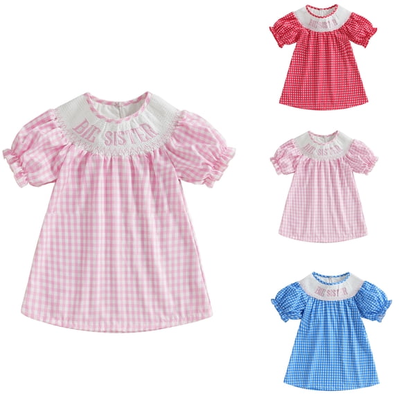 RTKFRFLM Girls Smocked Plaid Dress with Flower Embroidery Toddler Spring Cotton Pink Checkered Princess Gown Kids Elegant Vintage Inspired Summer Sundress for Party and Daily Wear Sweet