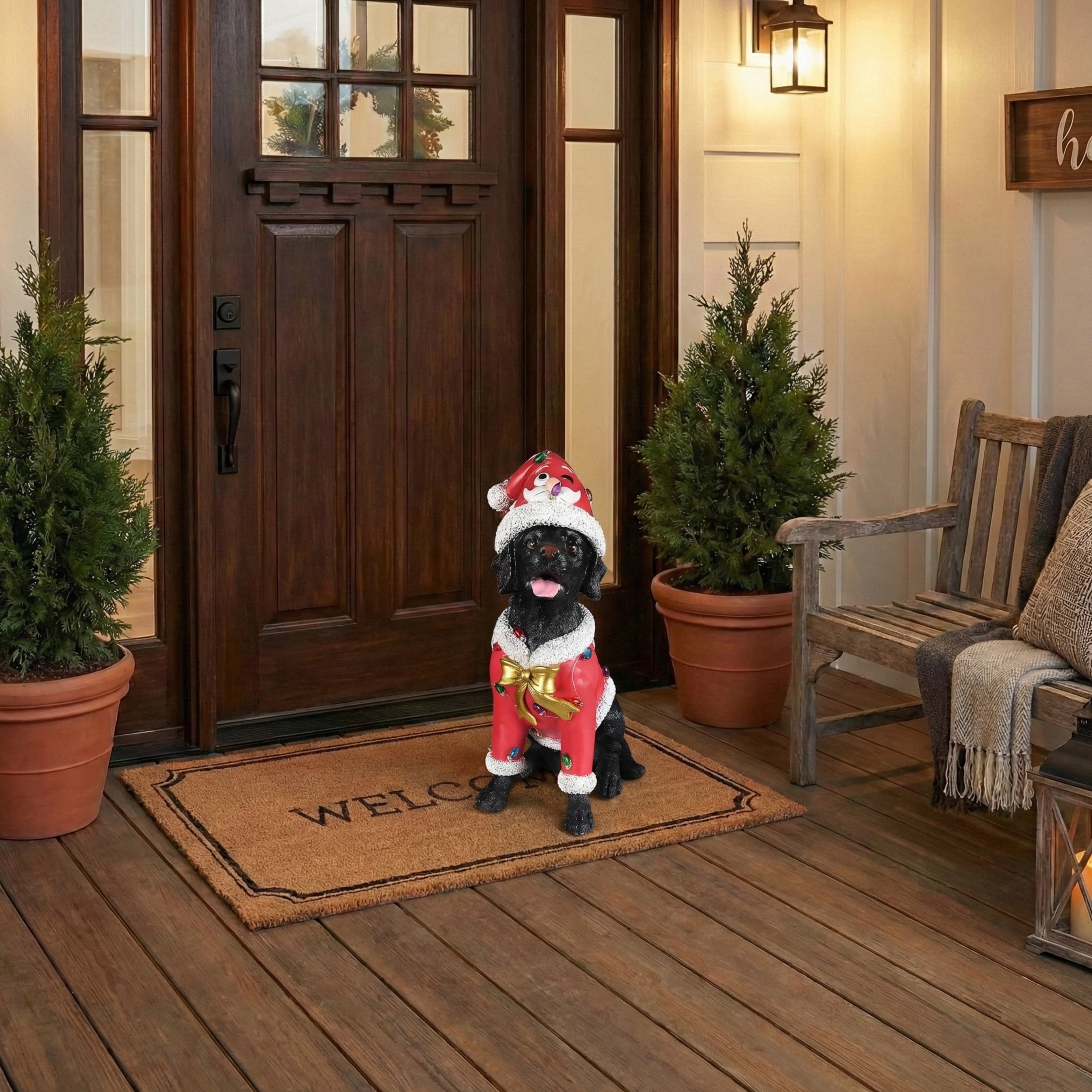 Noble House Christmas Labrador Retriever Statue, Cheerful Holiday Dog Figurine in Santa Outfit, Black Fur & Red Shirt