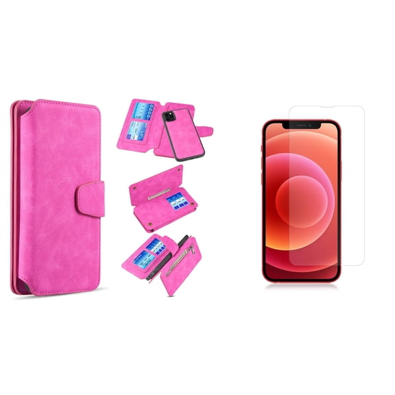 Clutch Wallet Detachable Case and Glass Screen Protector for iPhone 14 Pro Max - Hot Pink