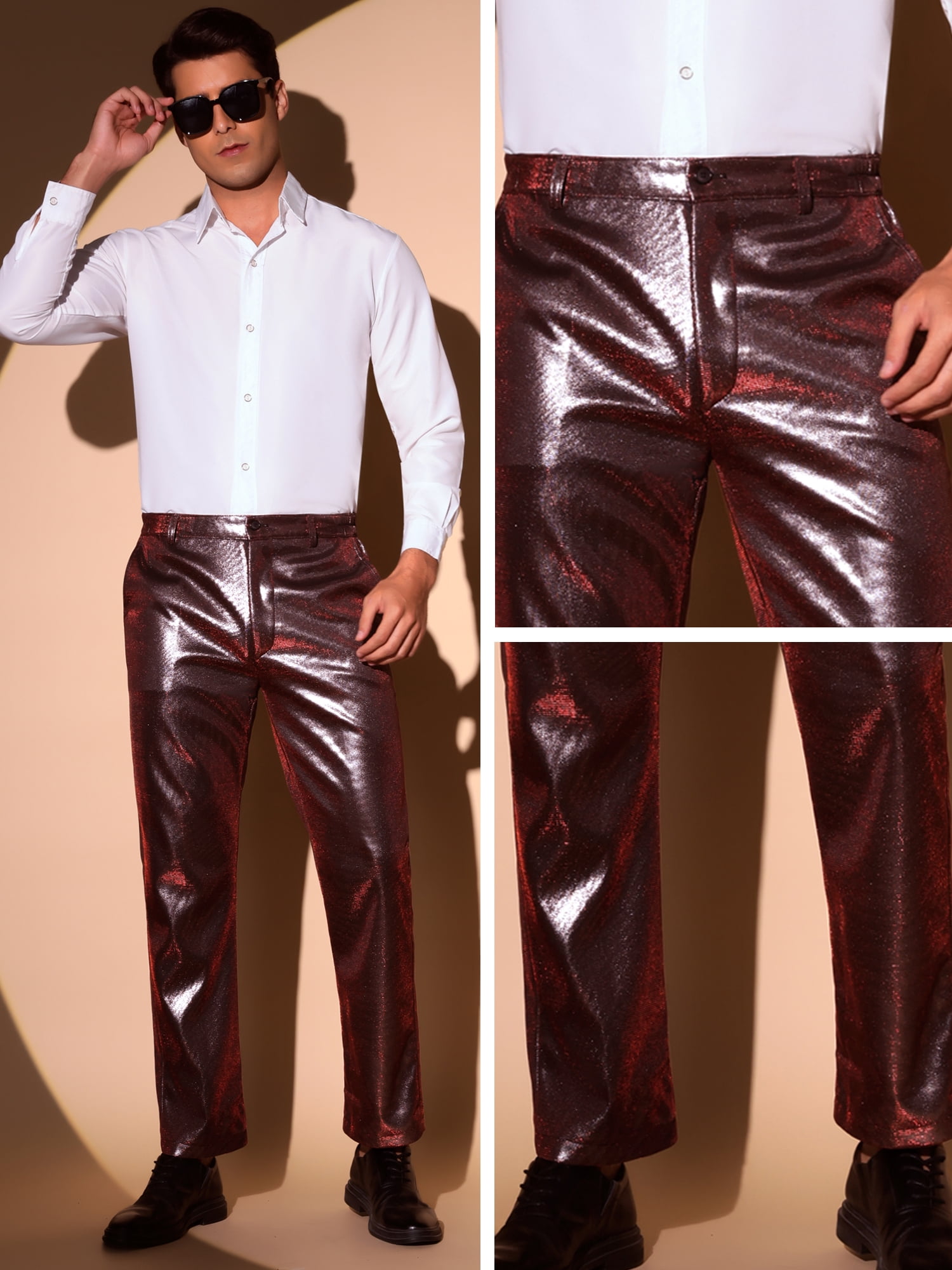 DARING DIVA Men's Metallic Pants Straight Leg Shiny Faux Leather Trousers 32 Red