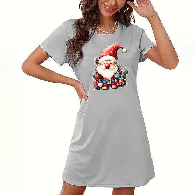 Camisón corto navideño para mujer, talla grande, cuello redondo, manga corta, estampado en el pecho, vestido de noche para mujer