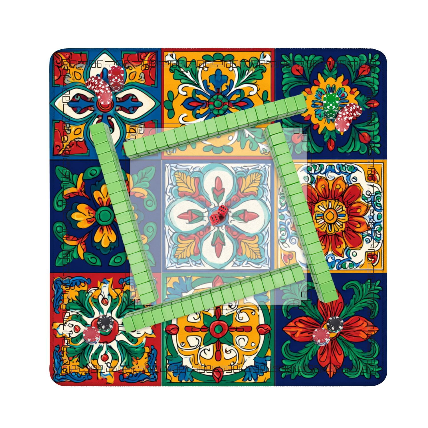 Mahjong Mat 31.5" x 31.5" Mexican talavera ceramic tile seamless Decoration ornamental Non-Slip Noise Reduction American Mahjong Tiles Table Cover for Dominoes Poker Card Board Games Gift